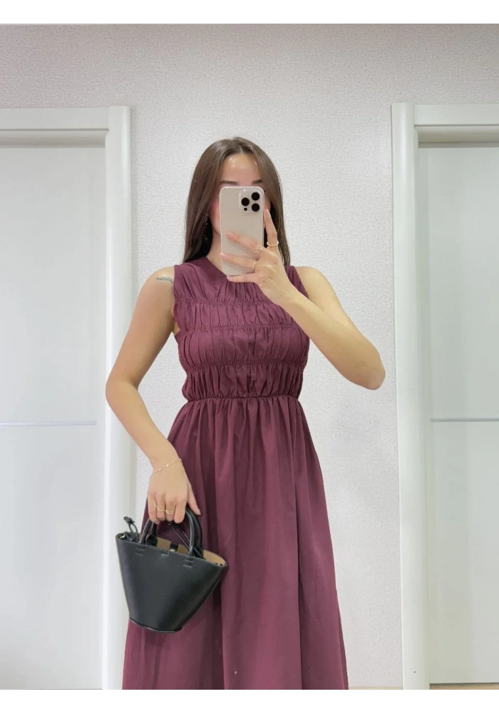 Kolsuz Göğüs Lastıklı %100 Poplin Uzun Elbise - Bordo