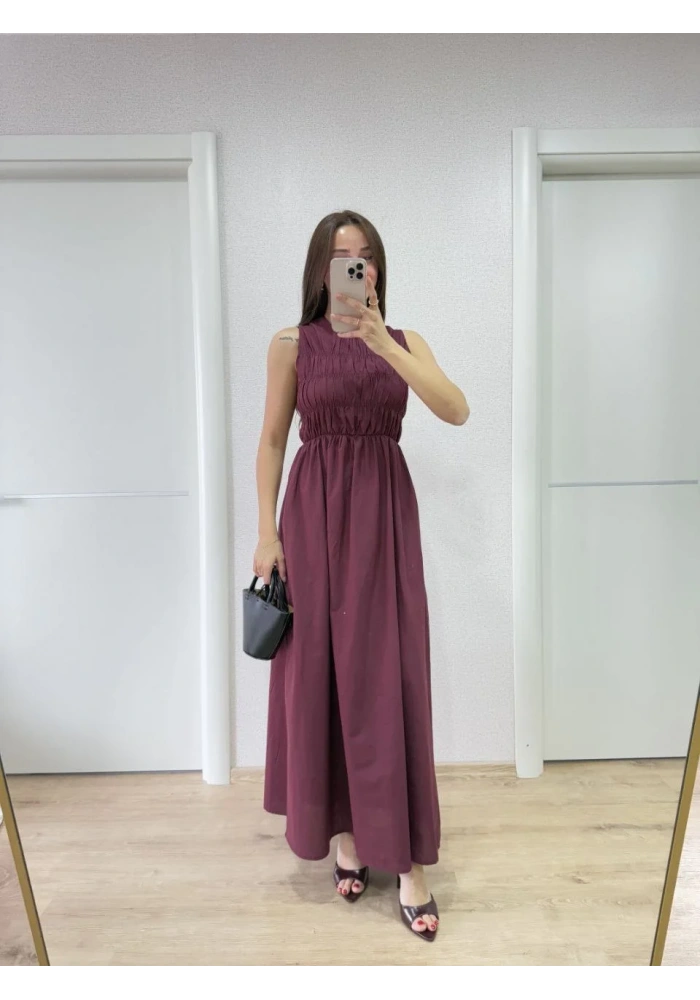 Kolsuz Göğüs Lastıklı %100 Poplin Uzun Elbise - Bordo