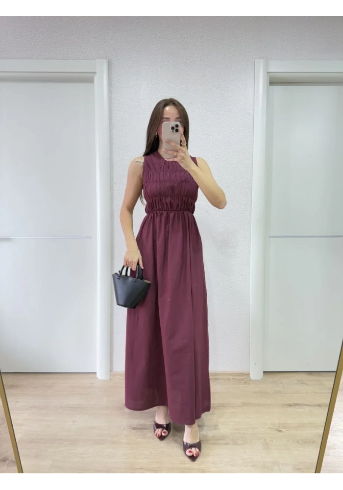 Kolsuz Göğüs Lastıklı %100 Poplin Uzun Elbise - Bordo