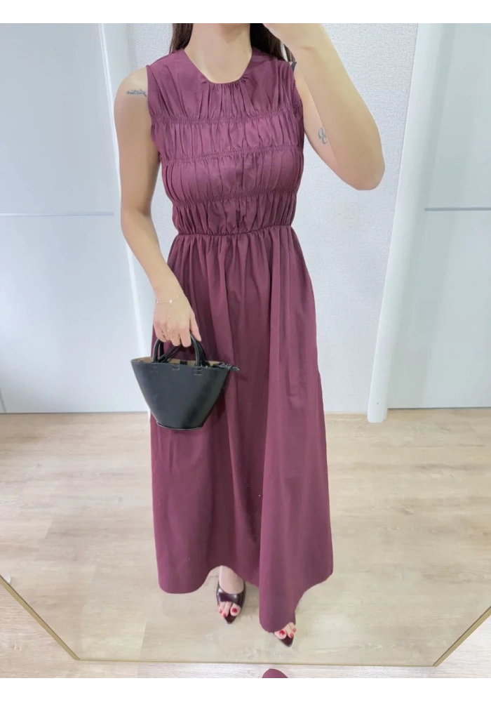 Kolsuz Göğüs Lastıklı %100 Poplin Uzun Elbise - Bordo