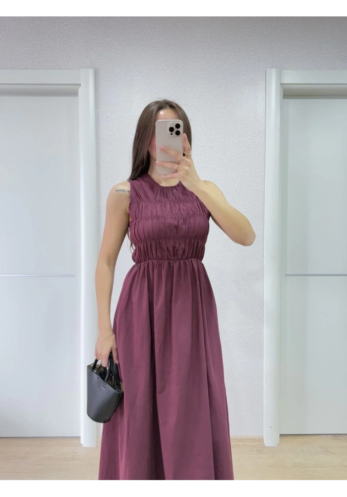 Kolsuz Göğüs Lastıklı %100 Poplin Uzun Elbise - Bordo