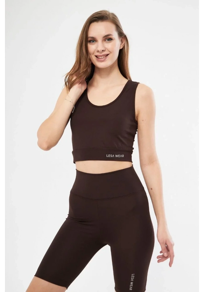Kolsuz Sporcu Baskılı Crop - Kahve