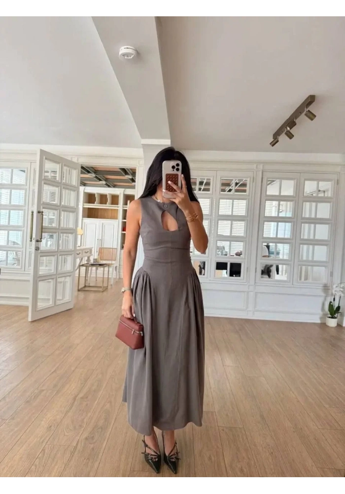 Kolsuz Uzun Kabardin Elbise - Gri