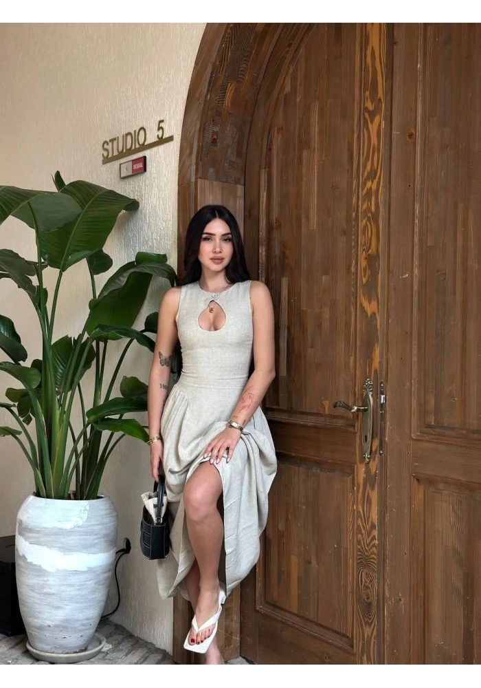 Kolsuz Uzun Kabardin Elbise - Gri