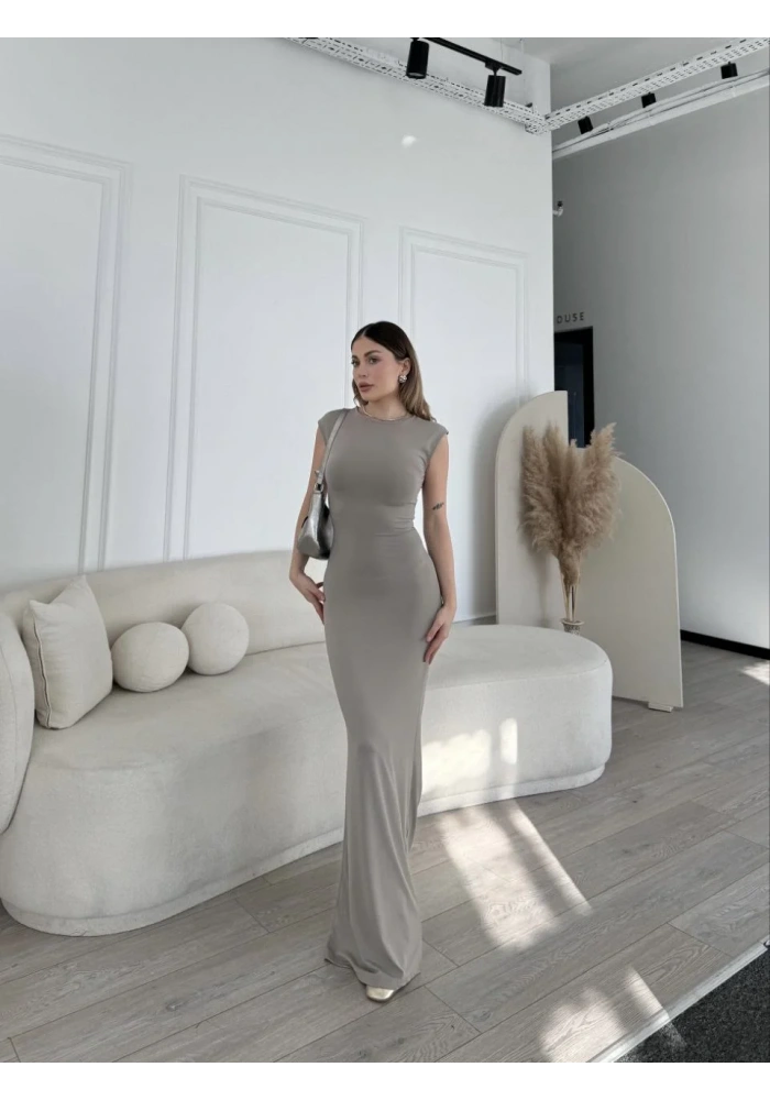 Kolsuz Uzun Likralı Elbise - Gri