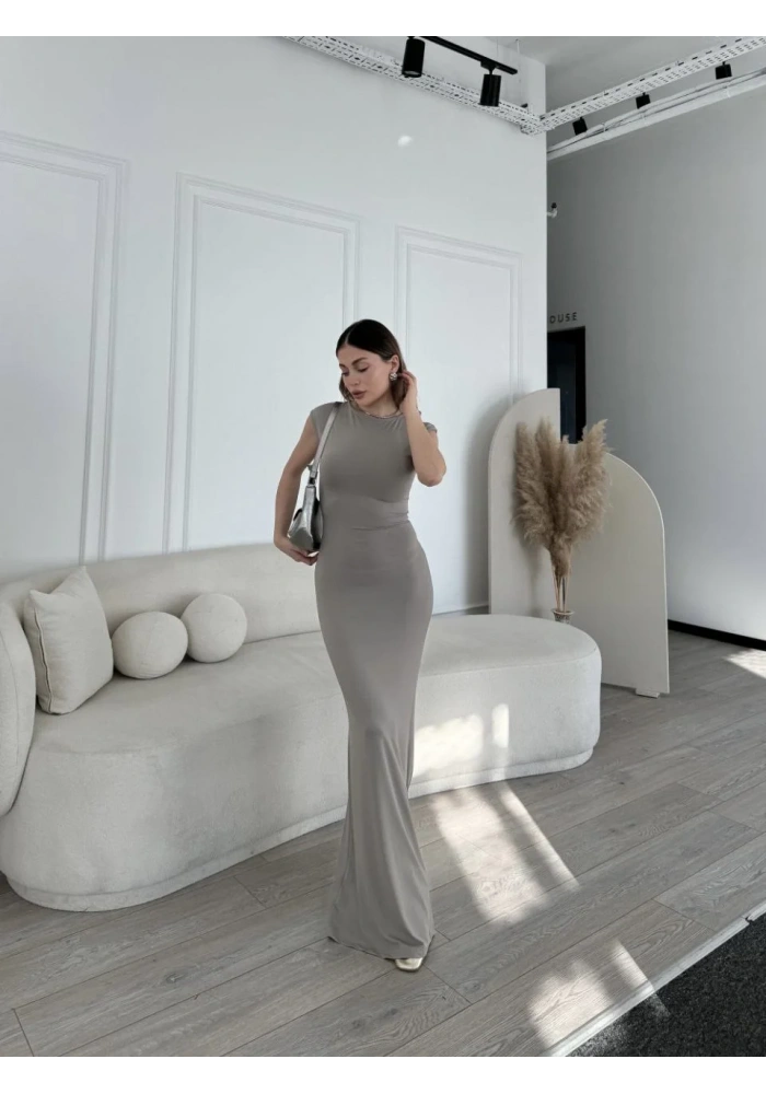 Kolsuz Uzun Likralı Elbise - Gri