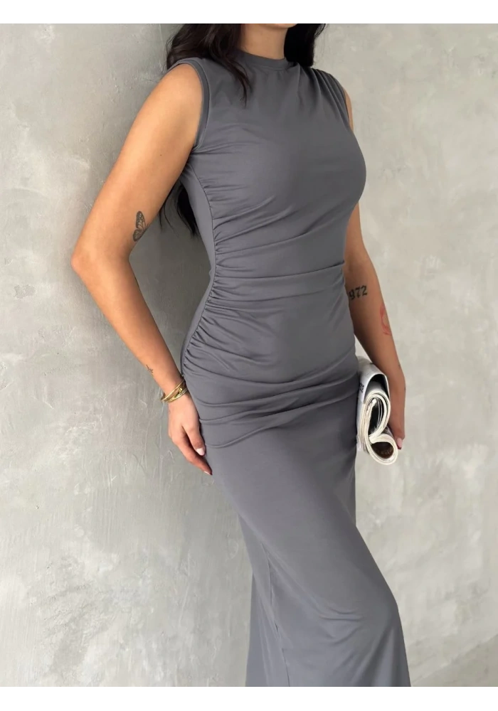 Kolsuz Yırtmaçlı Uzun maxı boy Elbise - Gri