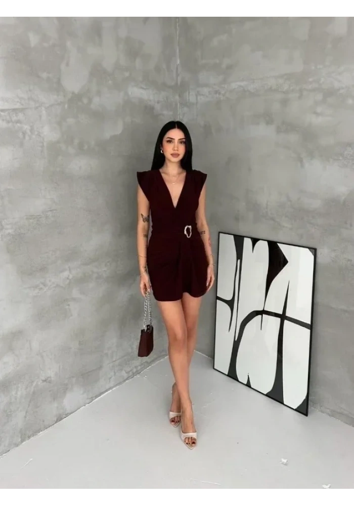 Kruvaze Drapeli Tokalı Mini Elbise Şık Gece Davet Abiye - Kahverengi