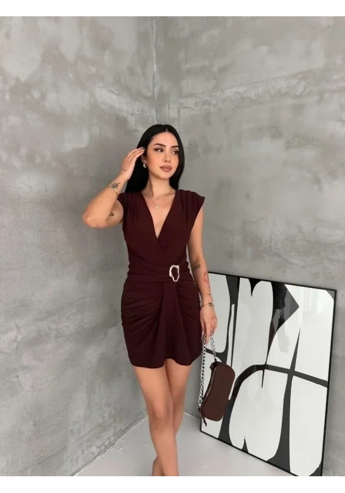 Kruvaze Drapeli Tokalı Mini Elbise Şık Gece Davet Abiye - Kahverengi