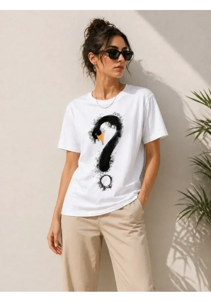 Kuğu Figürlü Soru İşareti Baskılı Tişört Kısa Kol T-Shirt - Beyaz