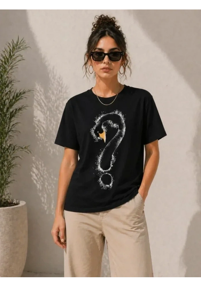 Kuğu Figürlü Soru İşareti Baskılı Tişört Kısa Kol T-Shirt - Siyah