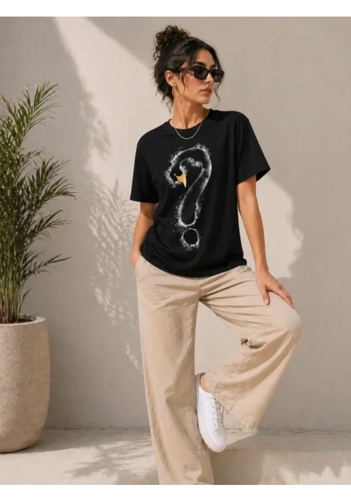 Kuğu Figürlü Soru İşareti Baskılı Tişört Kısa Kol T-Shirt - Siyah