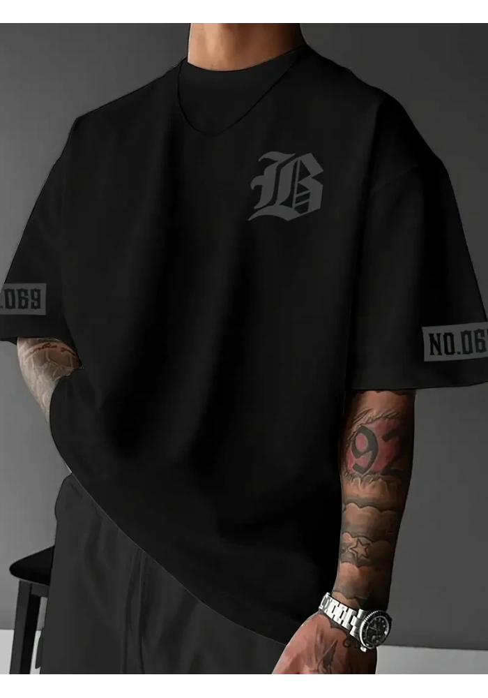 Erkek LB  Baskılı Oversize Bisiklet Yaka Yazlık T-shirt - Siyah