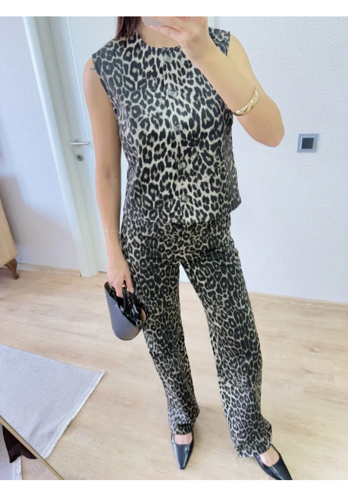 leopar desenli Düğmeli Bluzlu Pantolon İkili Takım -Leopar