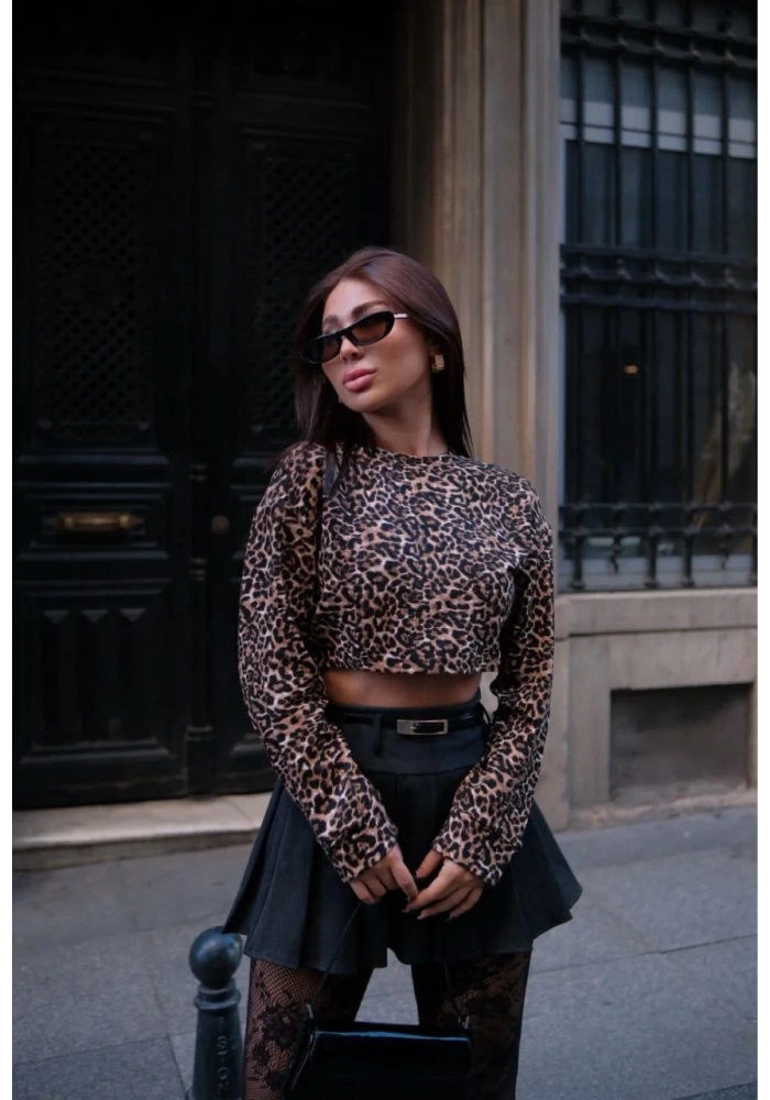 Leopar desenli Uzun Kollu Crop - Leopar