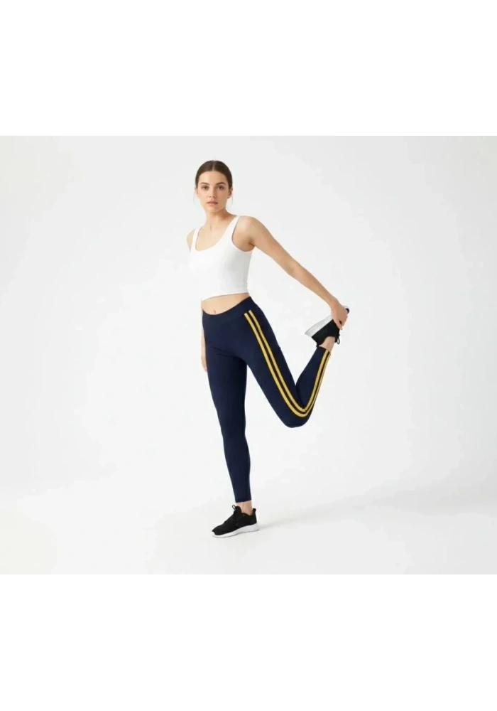 Likralı Yan Sarı Şeritli Detaylı Tayt - Siyah