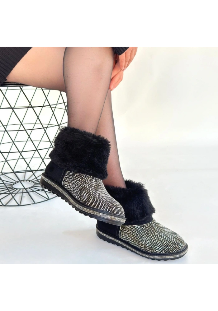 Linka Siyah Süet Gümüş Boncuk İşlemeli Bot