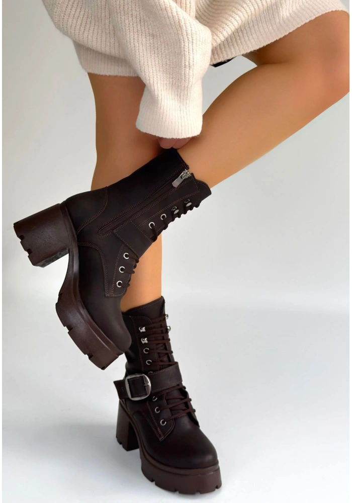 Linma Acı Kahve Cilt Bağcıklı Topuklu Bot