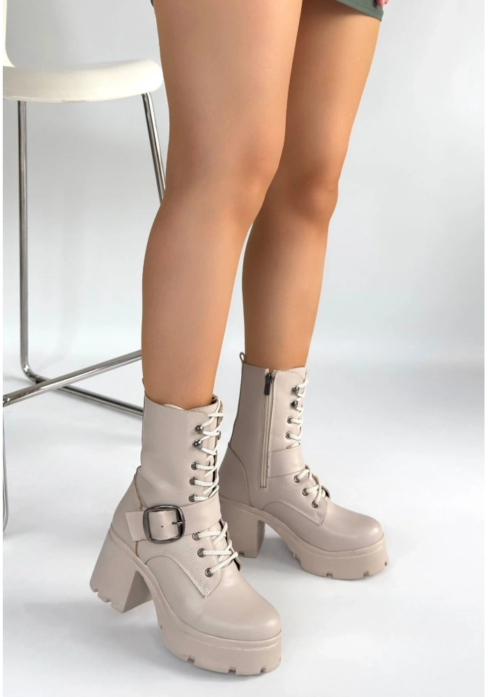 Linma Bej Cilt Bağcıklı Topuklu Bot