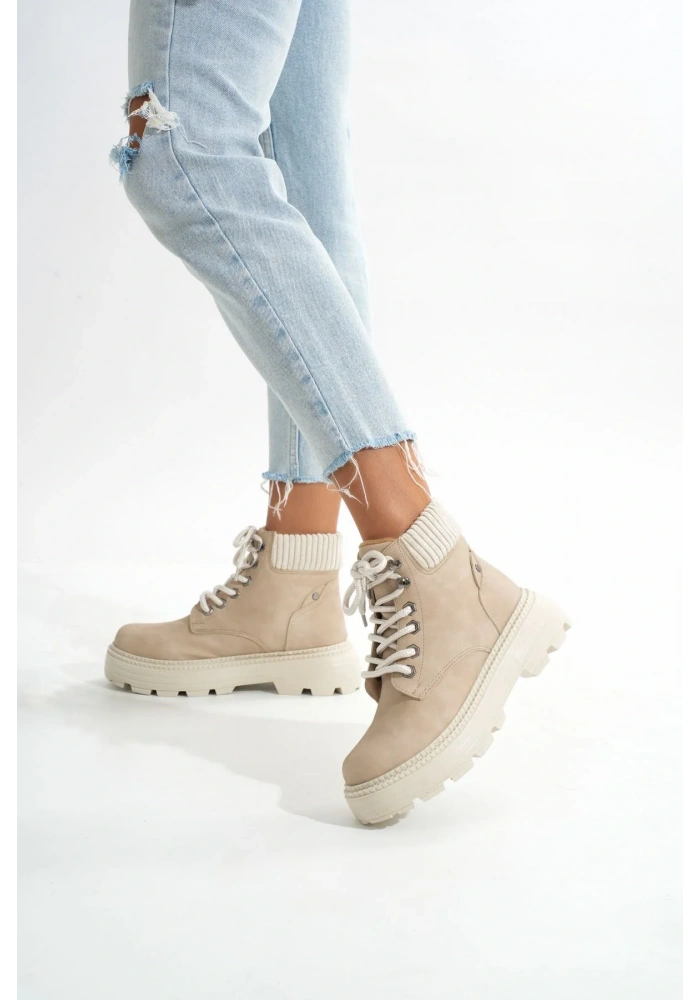 LMÇ-2045 Bej Süet Bağcıklı Kalın Taban Kadın Günlük Bot
