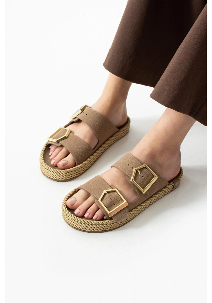 Loera Vizon Nubuk Çift Tokalı Terlik