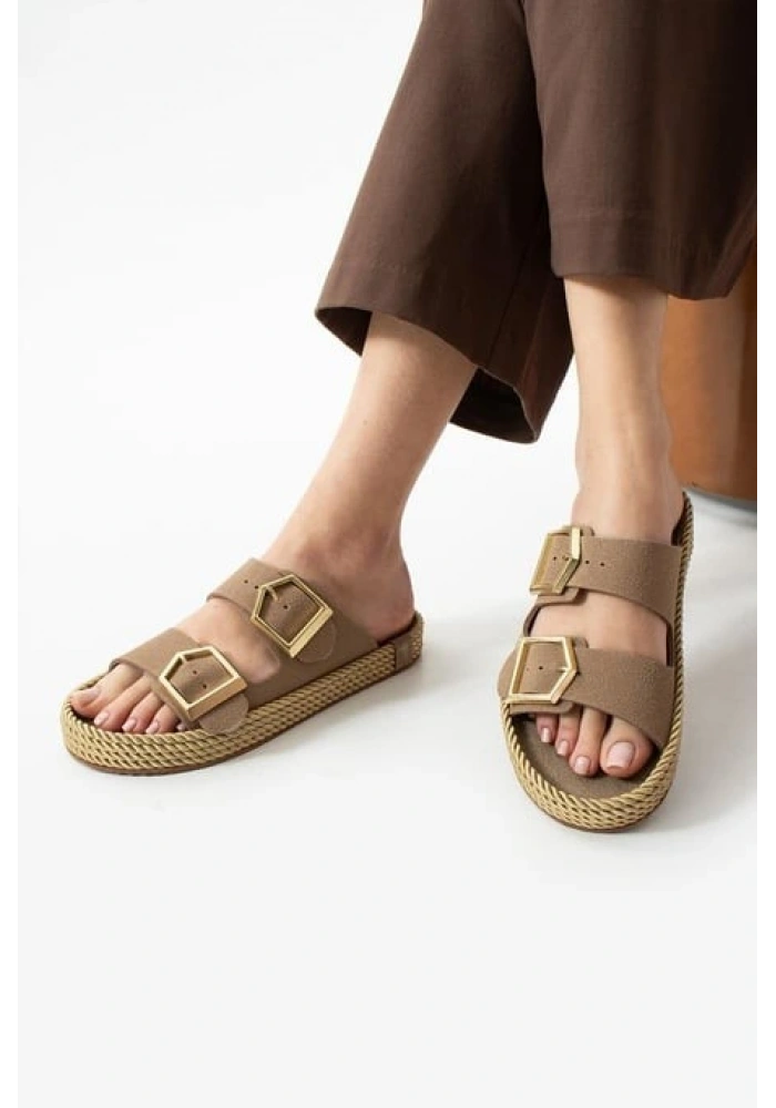 Loera Vizon Nubuk Çift Tokalı Terlik