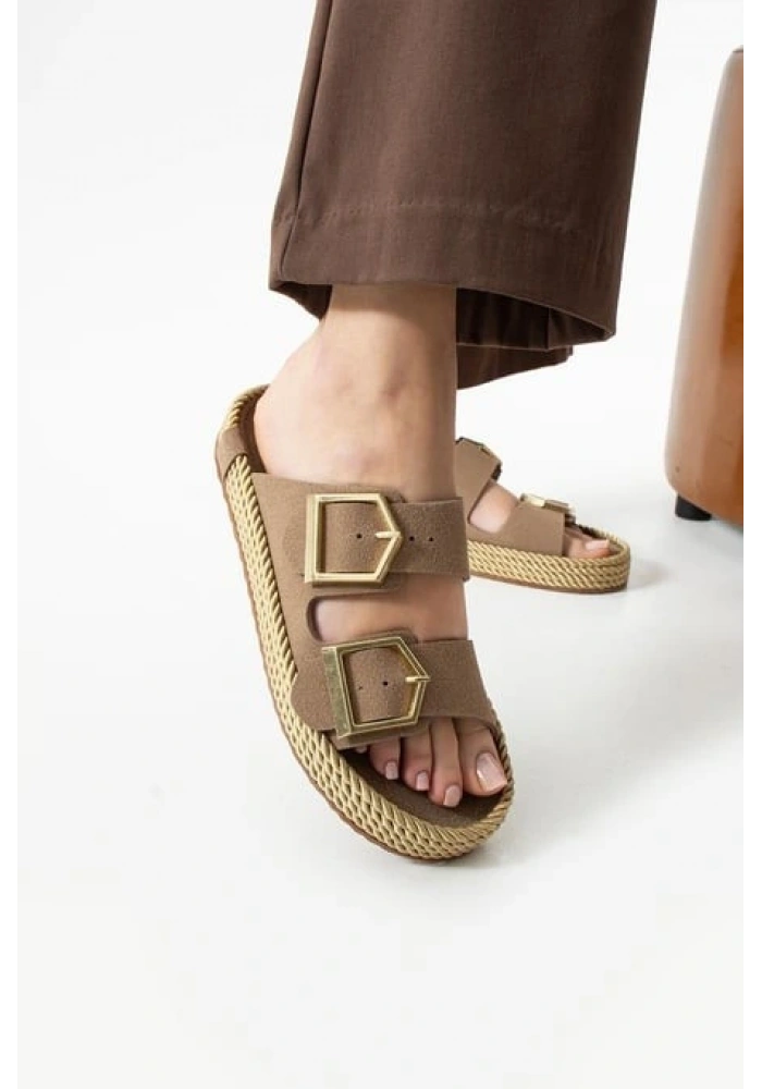 Loera Vizon Nubuk Çift Tokalı Terlik