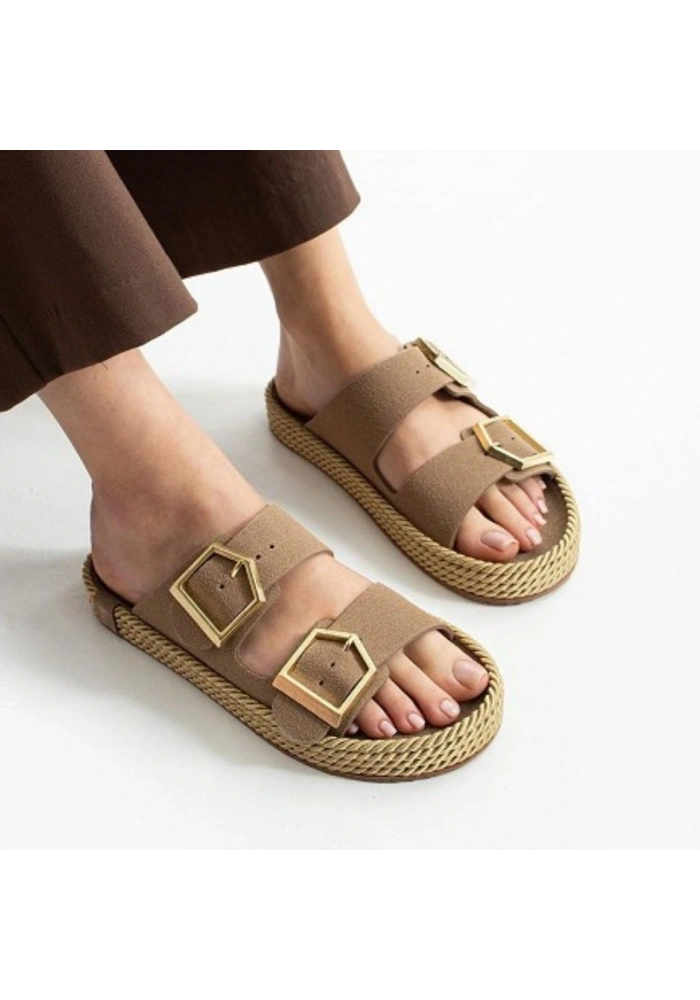 Loera Vizon Nubuk Çift Tokalı Terlik