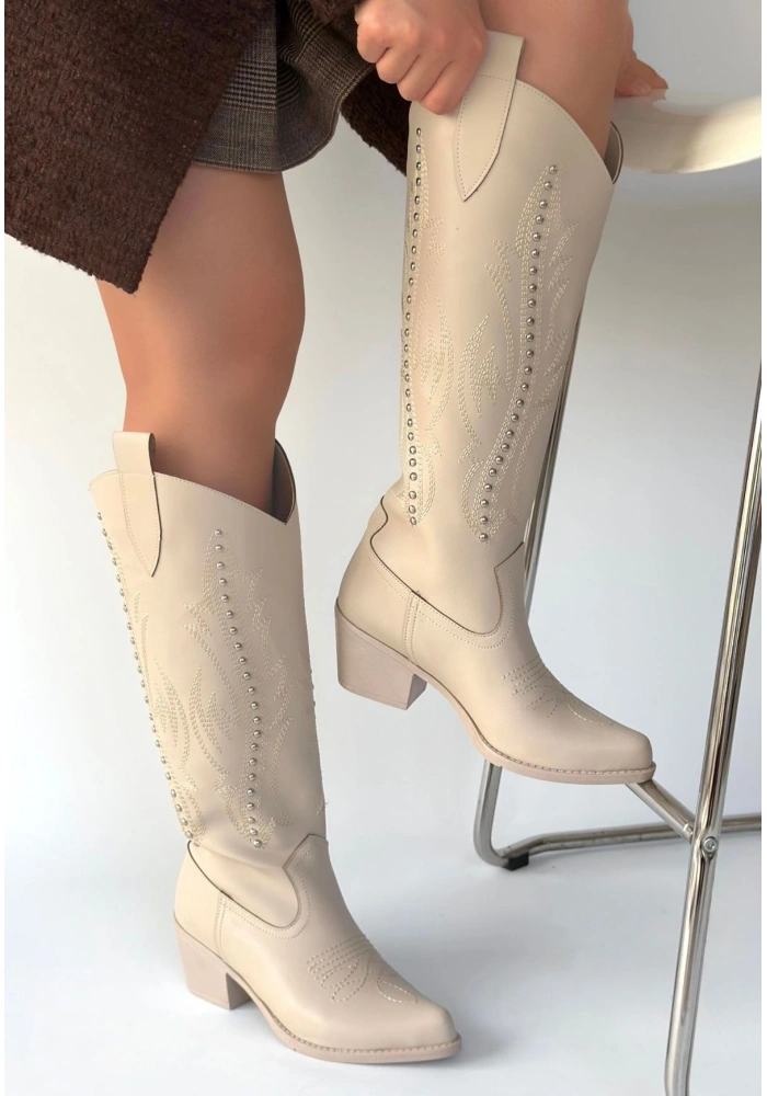 Meof Bej Cilt Topuklu Çizme