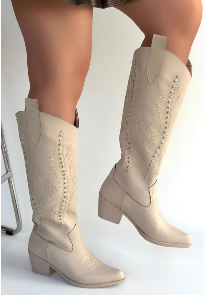 Meof Bej Cilt Topuklu Çizme