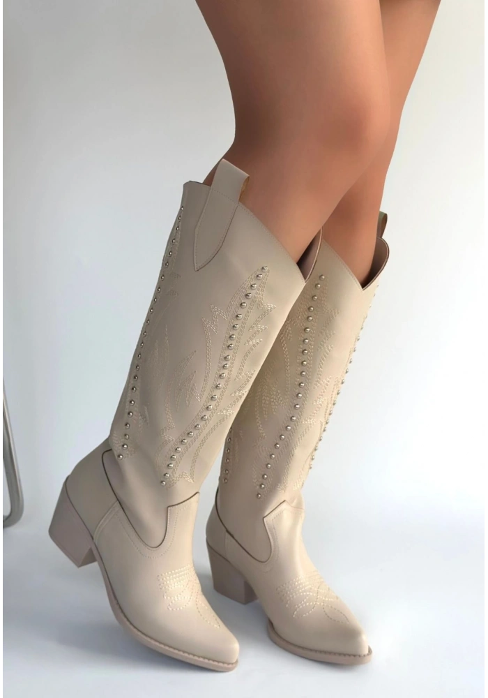 Meof Bej Cilt Topuklu Çizme