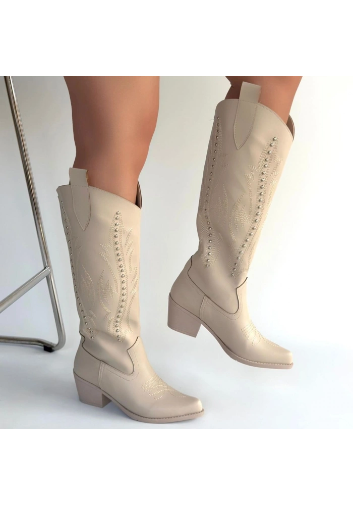 Meof Bej Cilt Topuklu Çizme