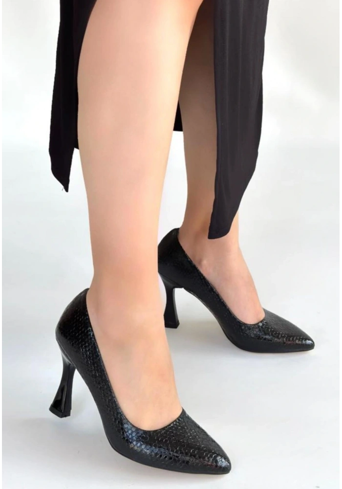 Merio Siyah Baskılı Rugan Topuklu Ayakkabı