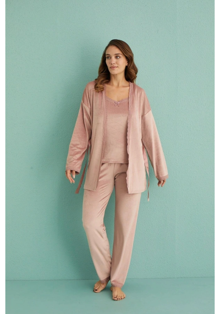Mihra 13402 Kadın Kadife 3Lü Pijama Takımı