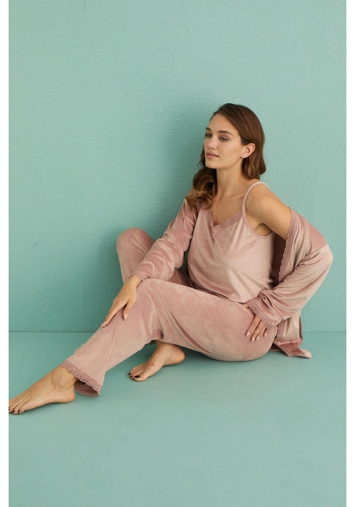 Mihra 13402 Kadın Kadife 3Lü Pijama Takımı