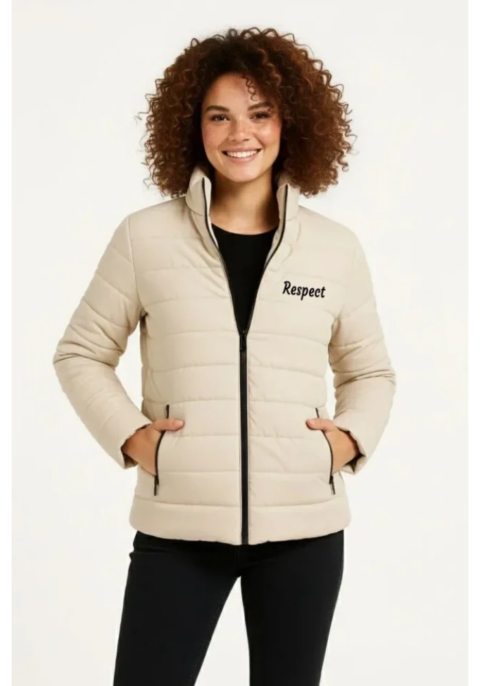 Mikro Su İtici Kapitone Baskılı Astarlı Fermuarlı Bomber Mont - Bej