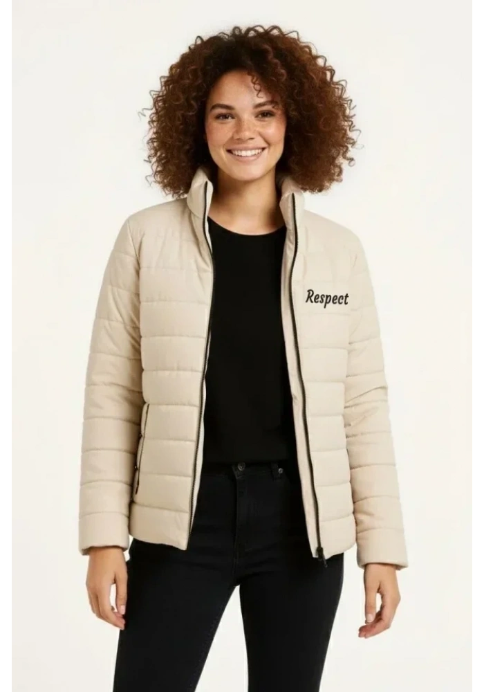 Mikro Su İtici Kapitone Baskılı Astarlı Fermuarlı Bomber Mont - Bej