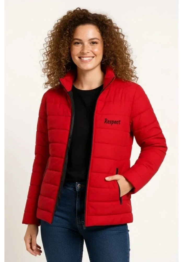 Mikro Su İtici Kapitone Baskılı Astarlı Fermuarlı Bomber Mont - Kırmızı