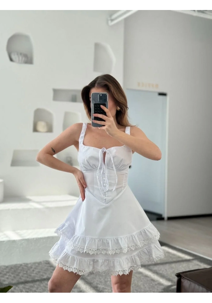 Mini Askılı Elbise - Beyaz