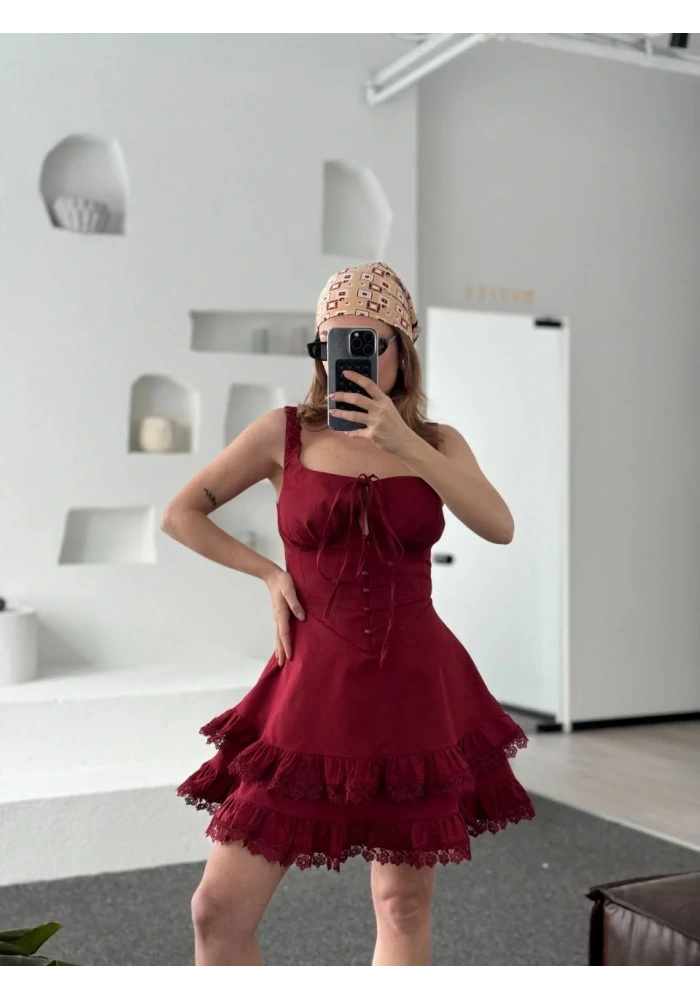 Mini Askılı Elbise - Bordo