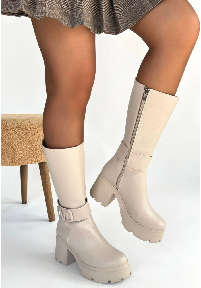 Moki Bej Cilt Topuklu Çizme