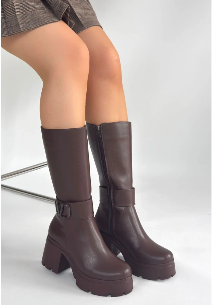 Moki Kahverengi Cilt Topuklu Çizme