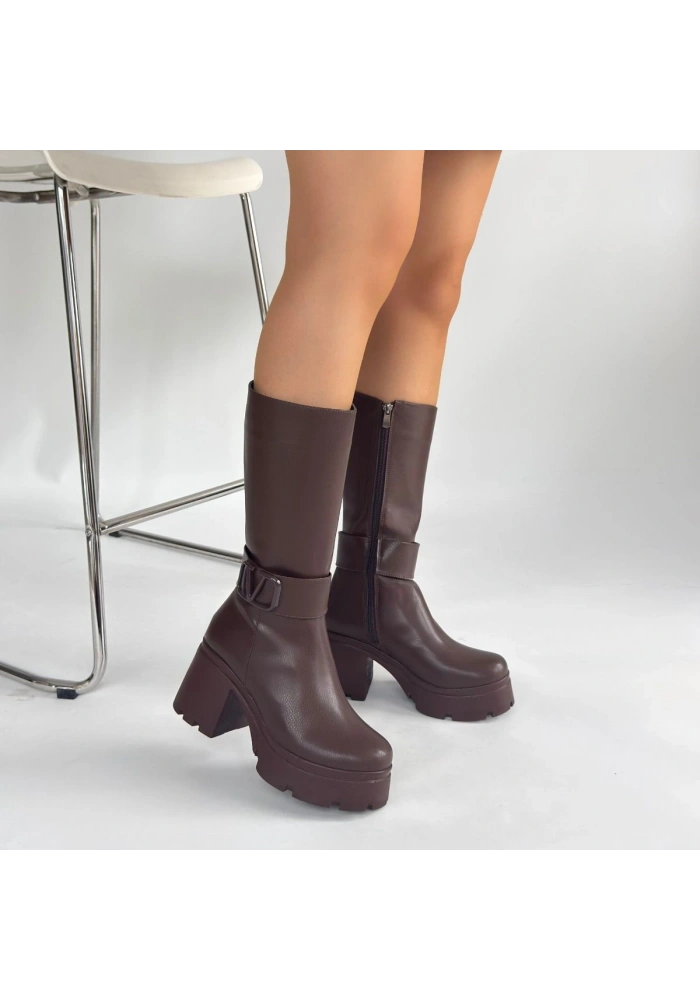 Moki Kahverengi Cilt Topuklu Çizme