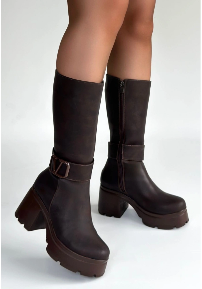 Moki Kahverengi Nubuk Topuklu Çizme