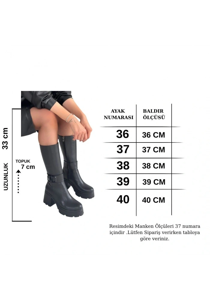 Moki Siyah Cilt Topuklu Çizme