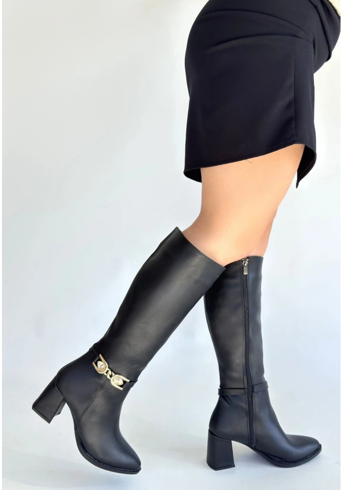 Mooni Siyah Cilt Topuklu Çizme
