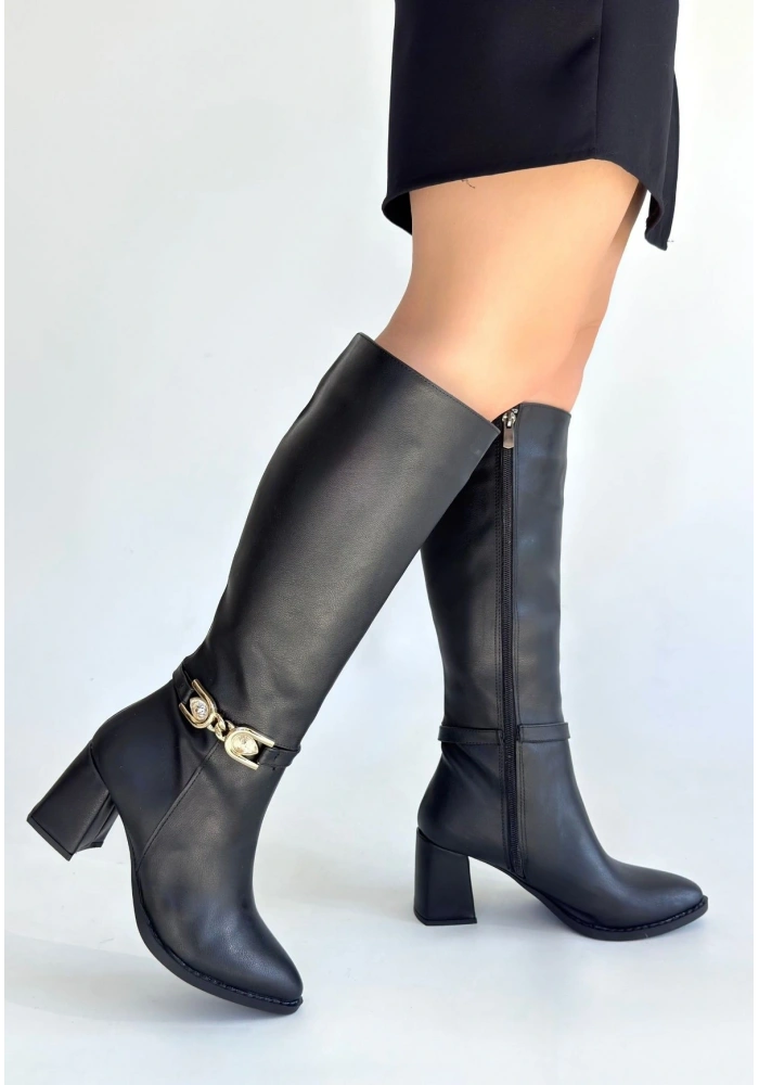 Mooni Siyah Cilt Topuklu Çizme