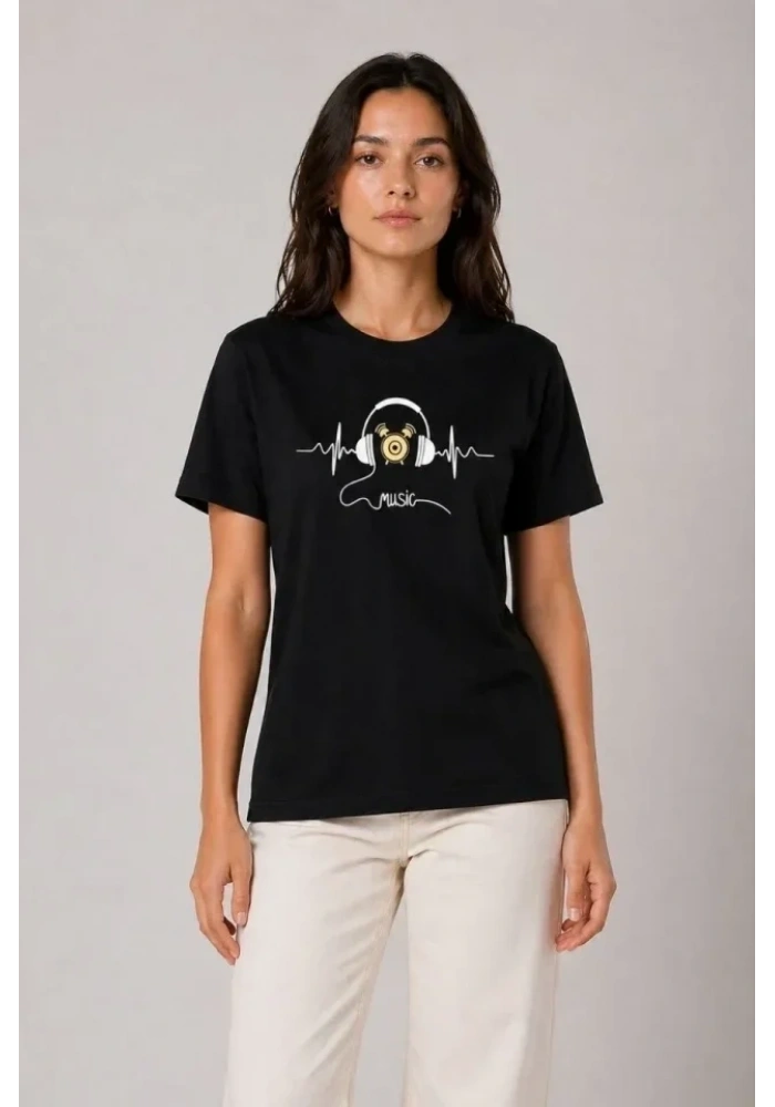 Müzik Temalı Baskılı Tişört Bisiklet Yaka Kısa Kol T-Shirt - Siyah