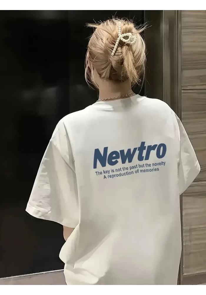 Newtro Baskılı Oversize Bisiklet Yaka T-shirt - Beyaz