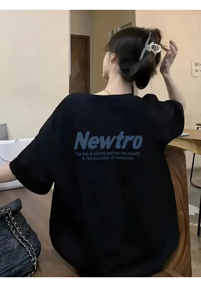 Newtro Baskılı Oversize Bisiklet Yaka T-shirt - Siyah